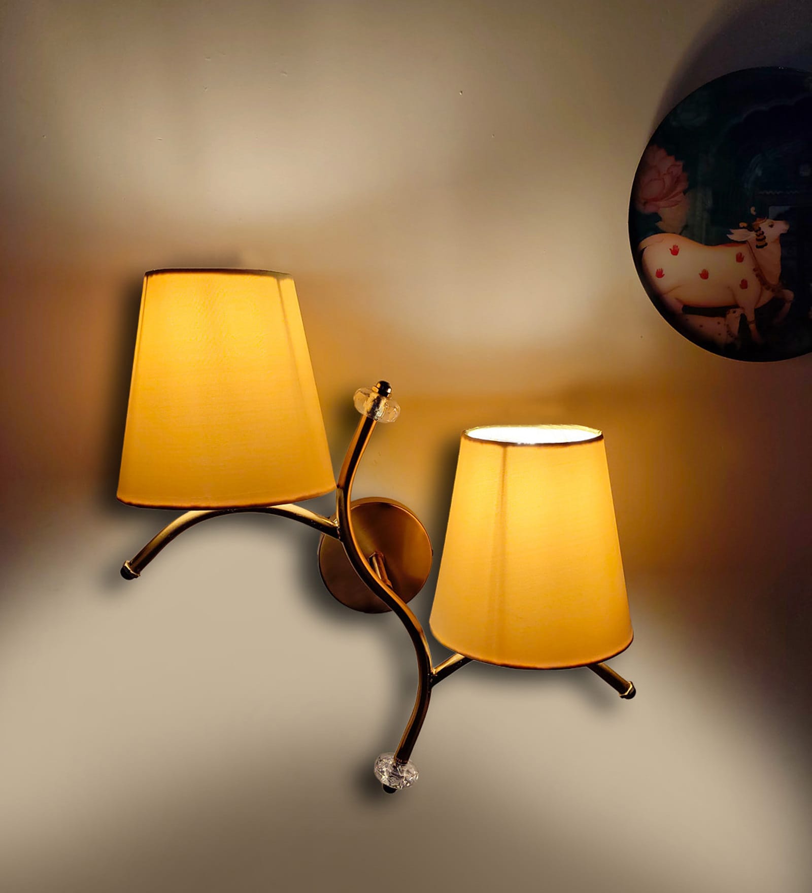 Dual wall mounted gold lamp with Yellow Cotton Shade