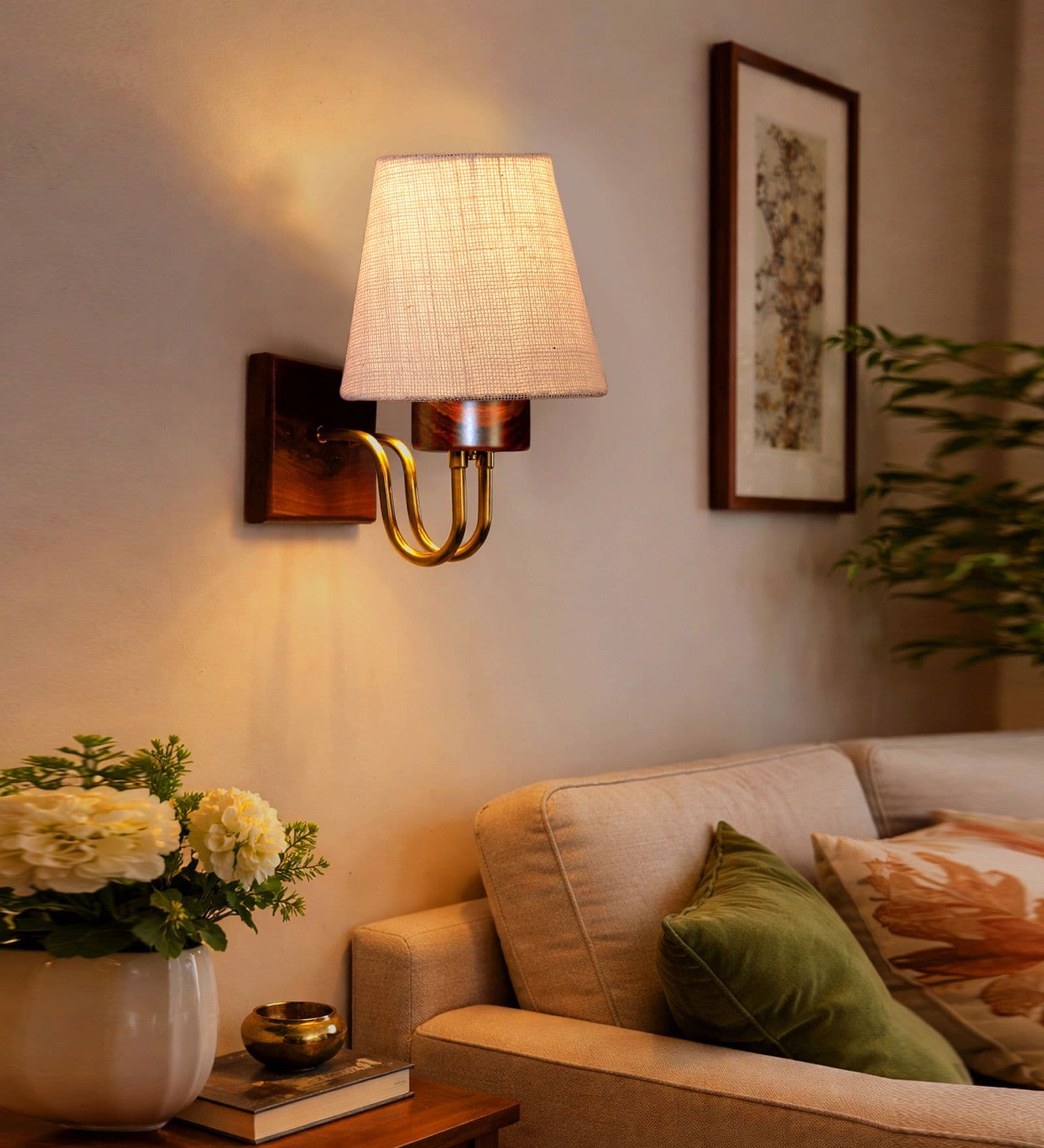 Indoor Conical White Jute Shade Wall Lamp with Wood & Metal