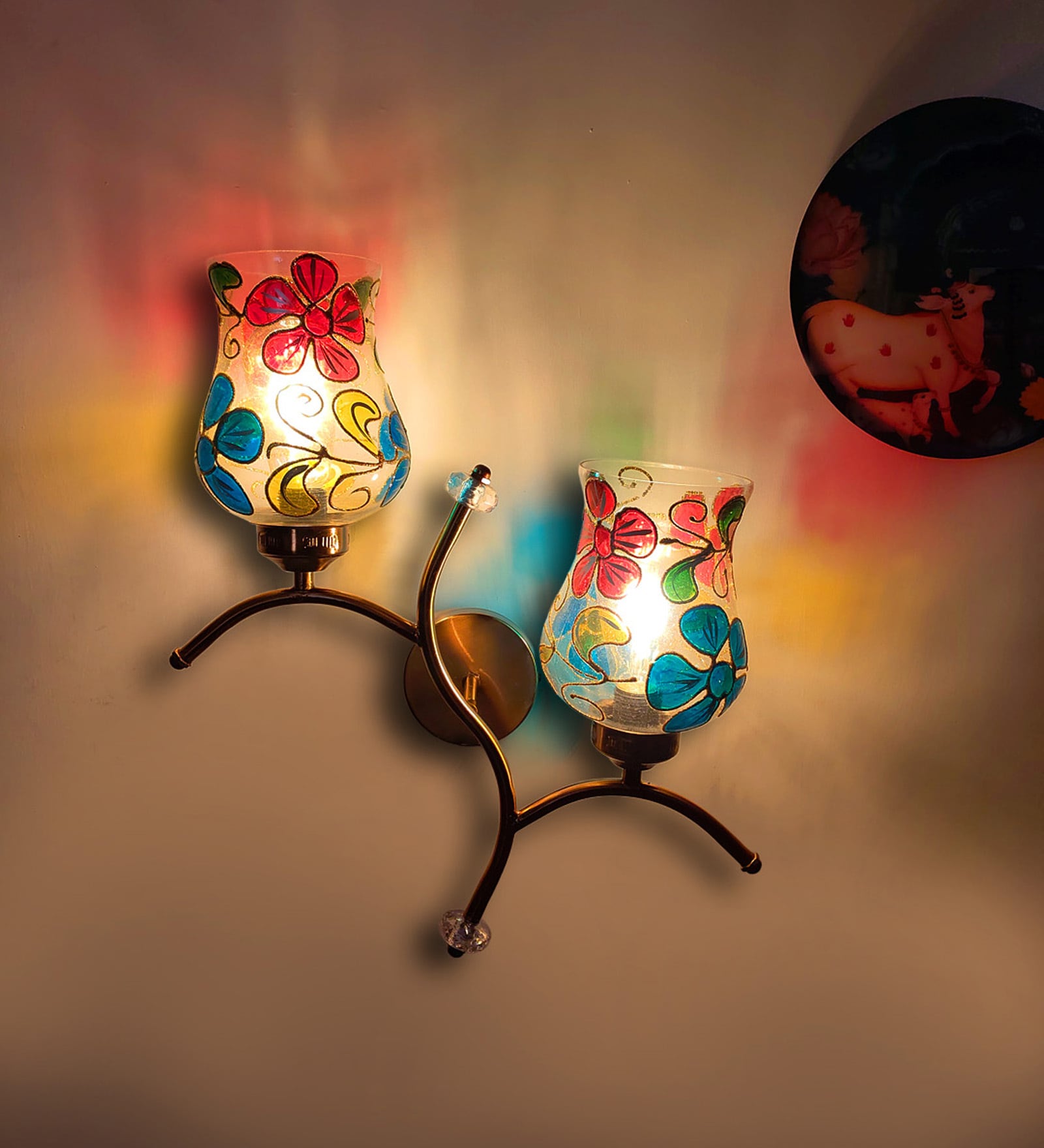 Dual wall mounted gold lamp with Multicolor Mosaic Glass