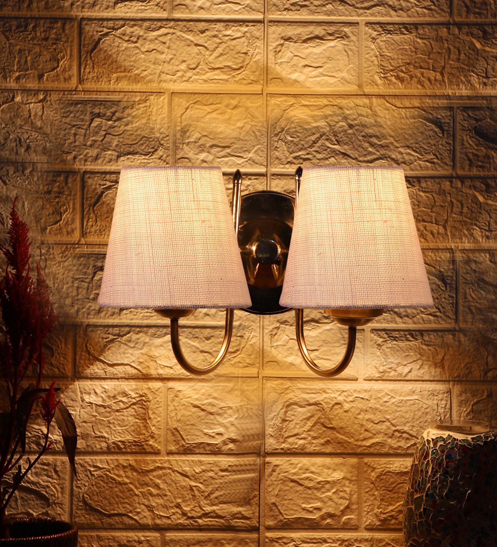 Dual White Jute Wall Mounted Lamp Steel Base