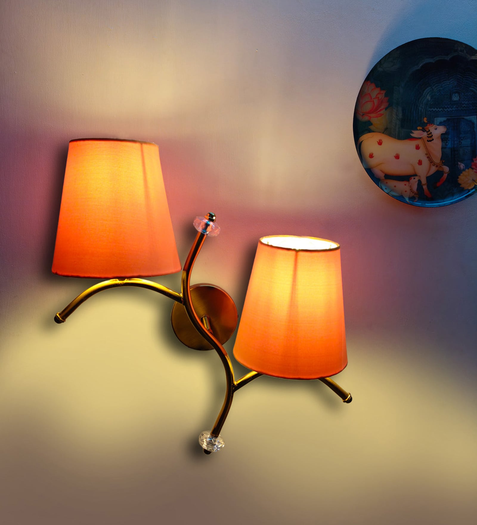 Dual wall mounted gold lamp with Orange Cotton Shade