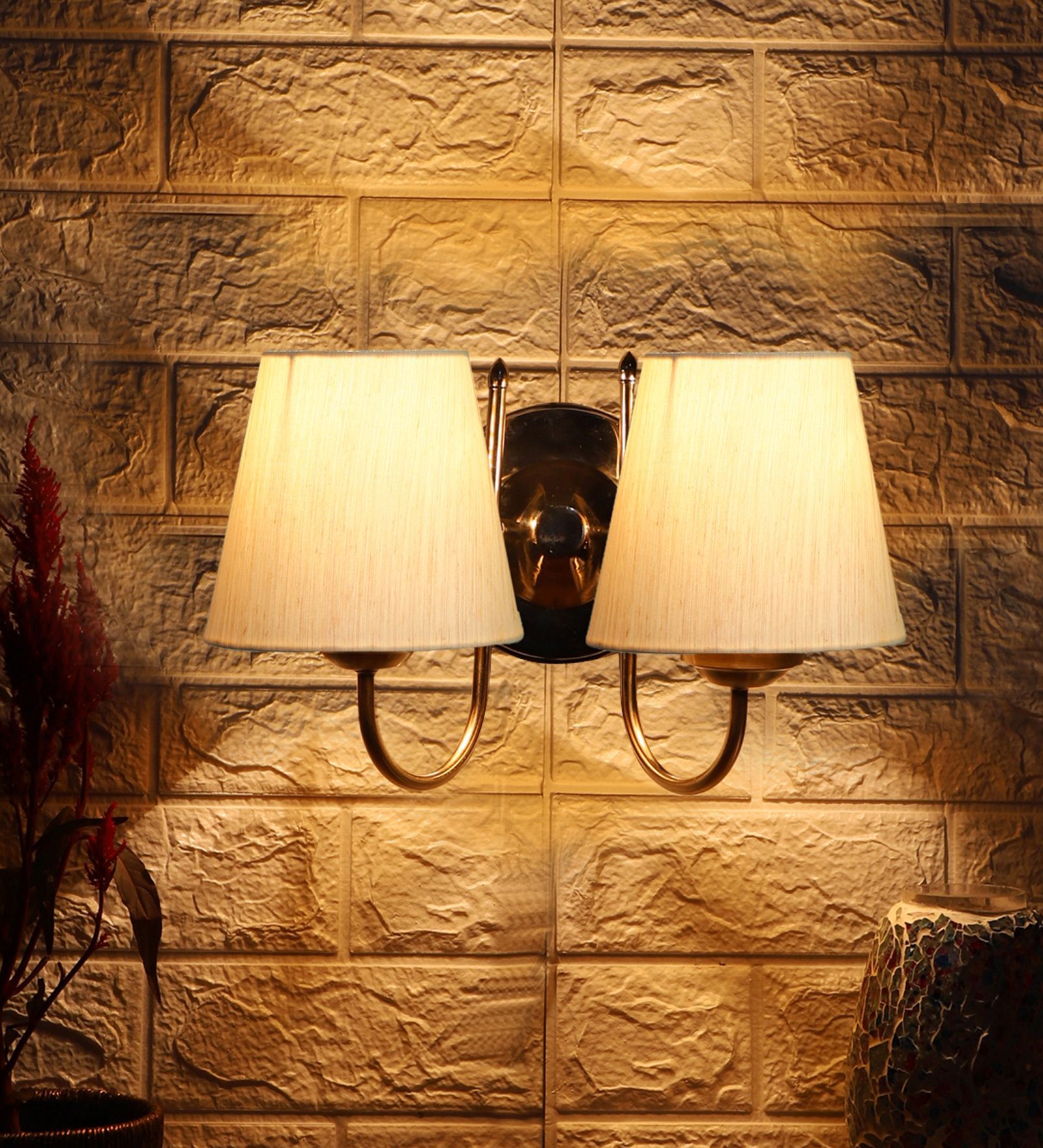 Dual Off White Cotton Wall Mounted Lamp with Steel Base