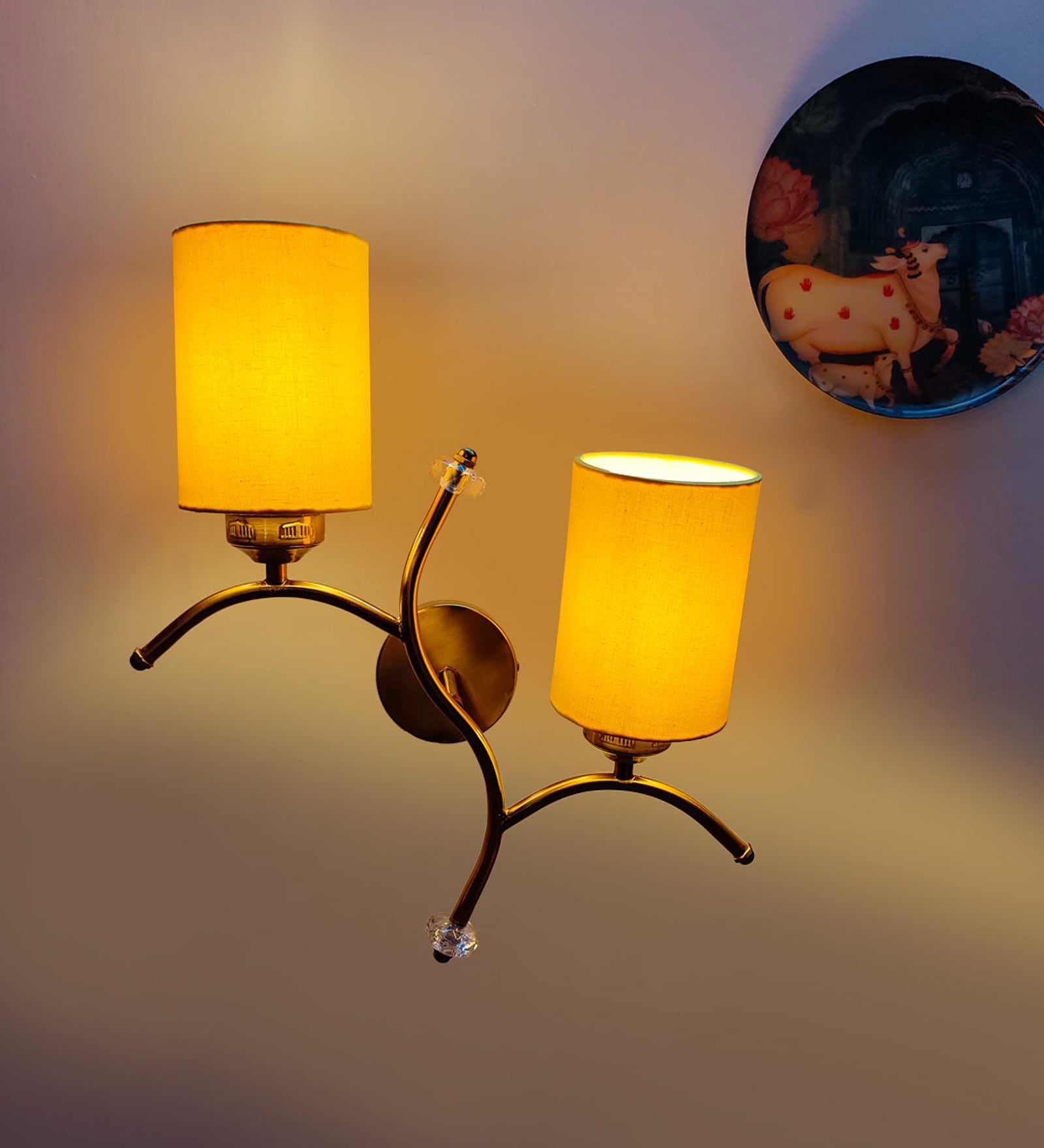 Dual wall mounted gold lamp with Yellow Cotton Shade