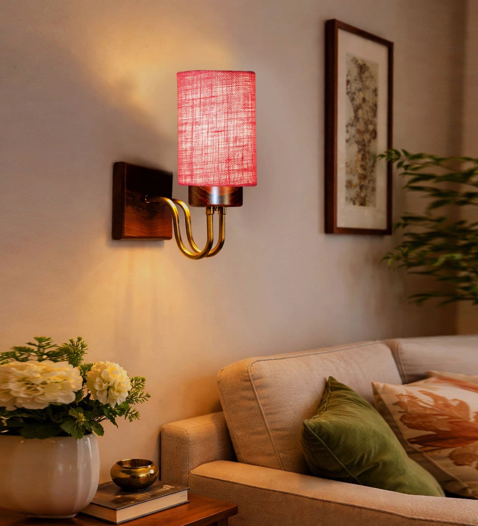 Pink Jute Handcrafted wall lamp with wood & metal frame Great