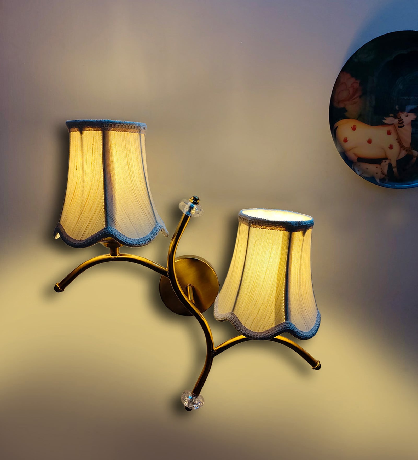 Dual wall mounted gold lamp with Vintage off-white Cotton Shade