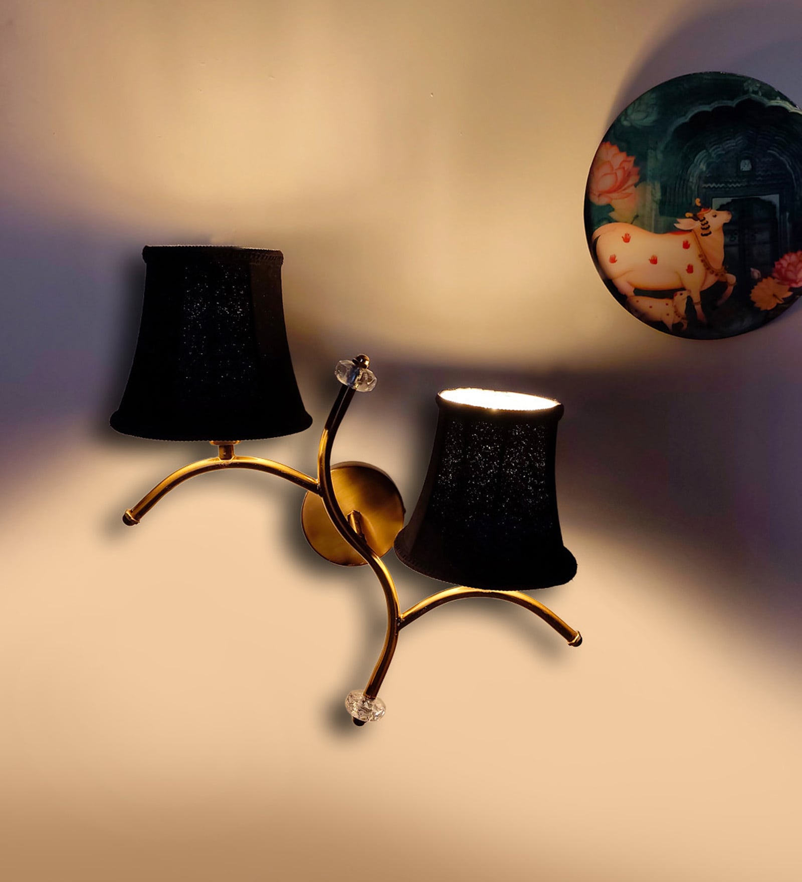 Dual wall mounted gold lamp with Vintage Black Cotton Shade