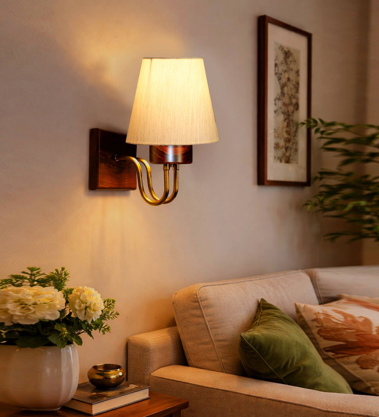 off-white Conical Cotton Fabric Shade Wall Lamp with Wood & Metal