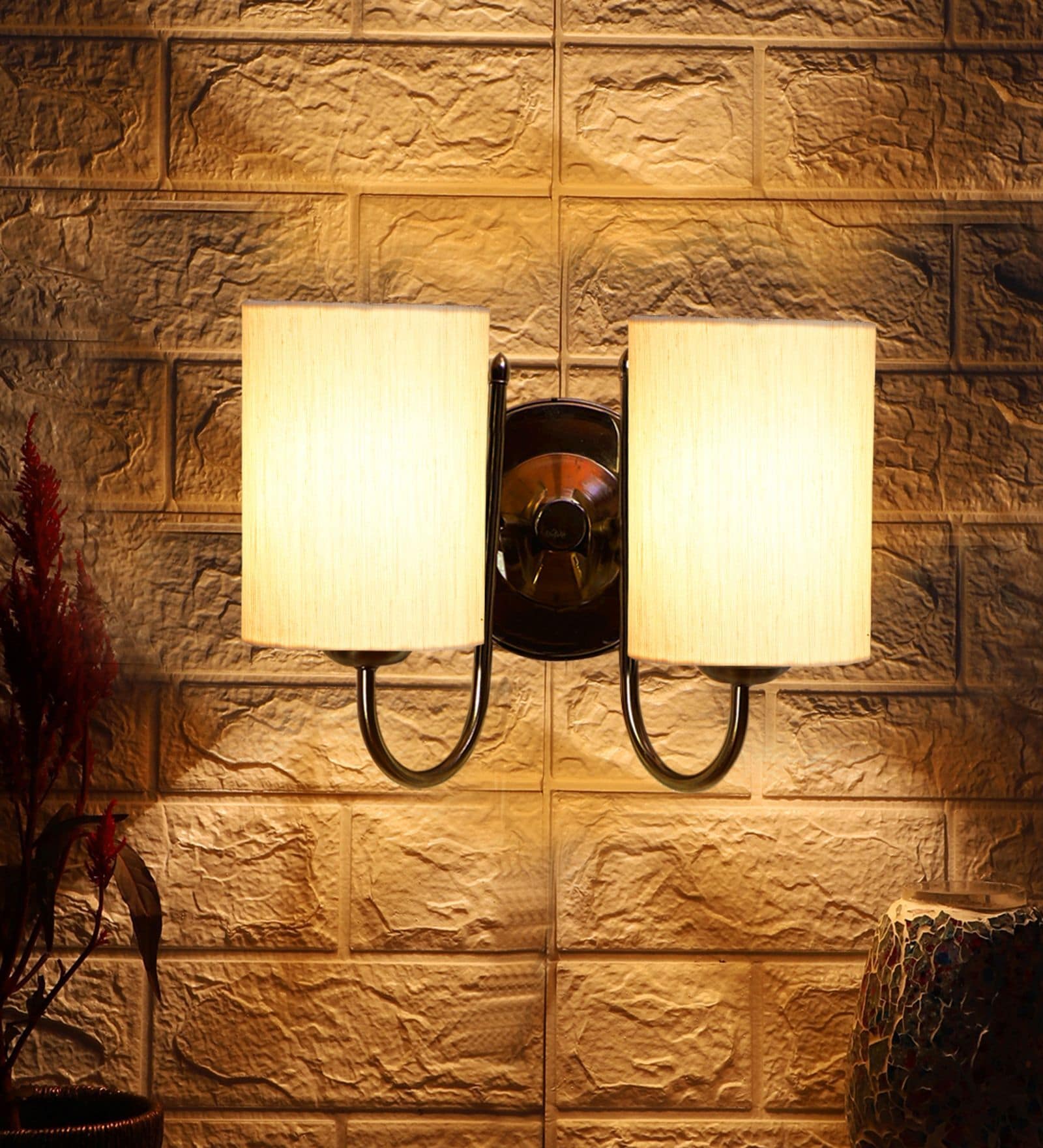 Dual Off White Cotton Wall Mounted Lamp with Steel Base