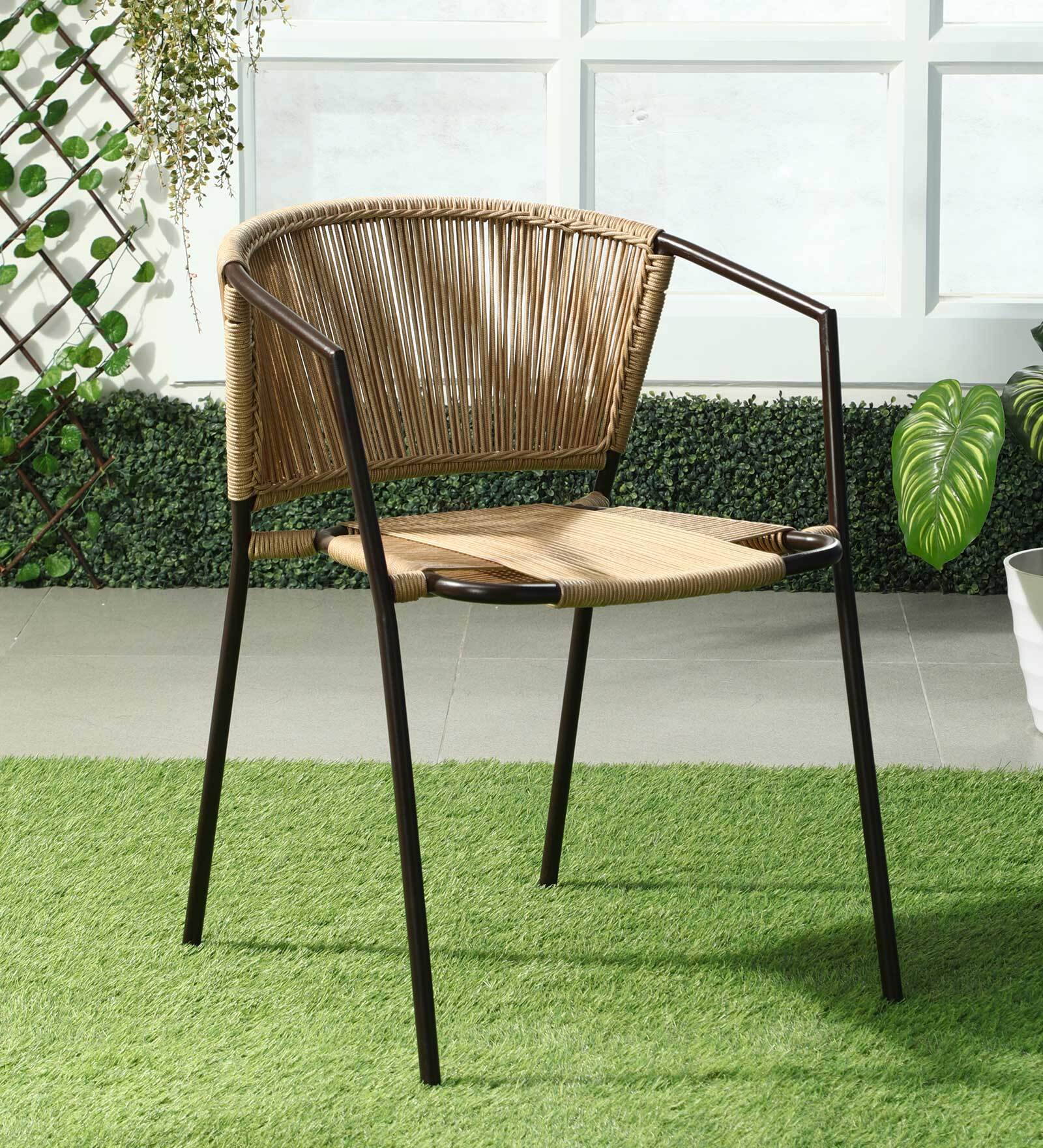 Outdoor Metal Patio Chair in Beige & Brown Finish