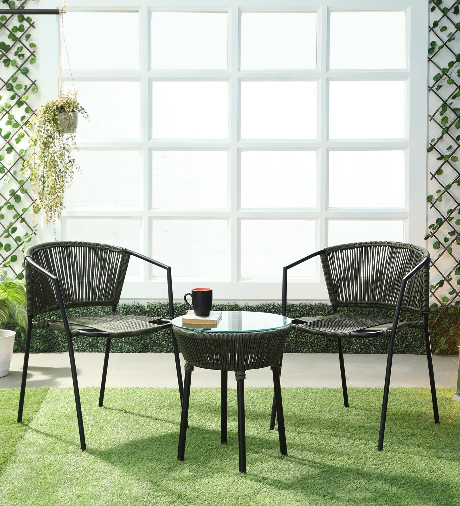 Outdoor Rope Table and Chair Set in Green & Black Finish with 2 Chairs Outdoor Rope Table and Chair Set in Green & Black Finish with 2 Chairs