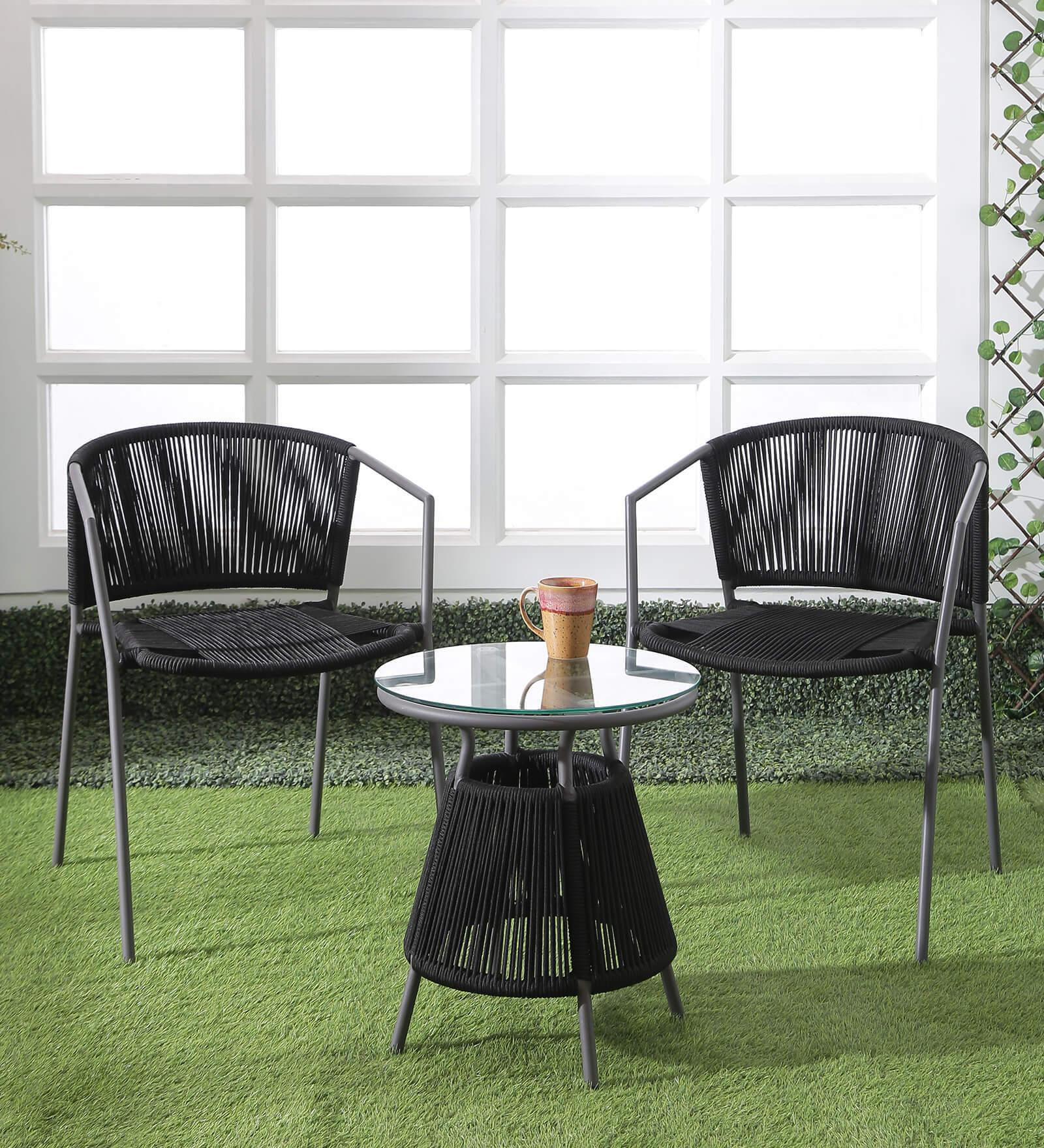 New Steel & Braided Rope Table And Chair Sets In Black Grey Finish