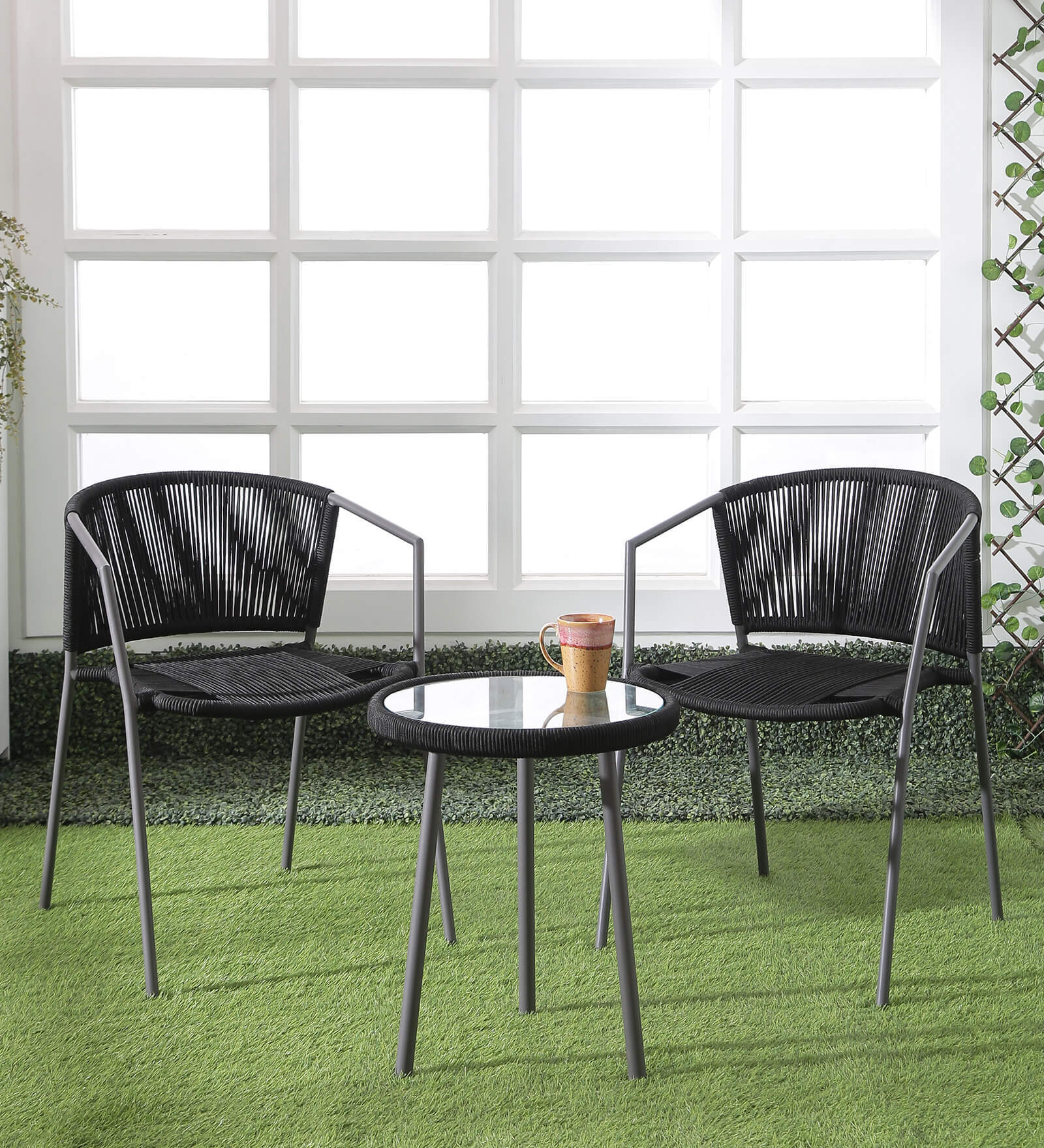 New Steel & Braided Rope Table And Chair Sets In Black Grey Finish