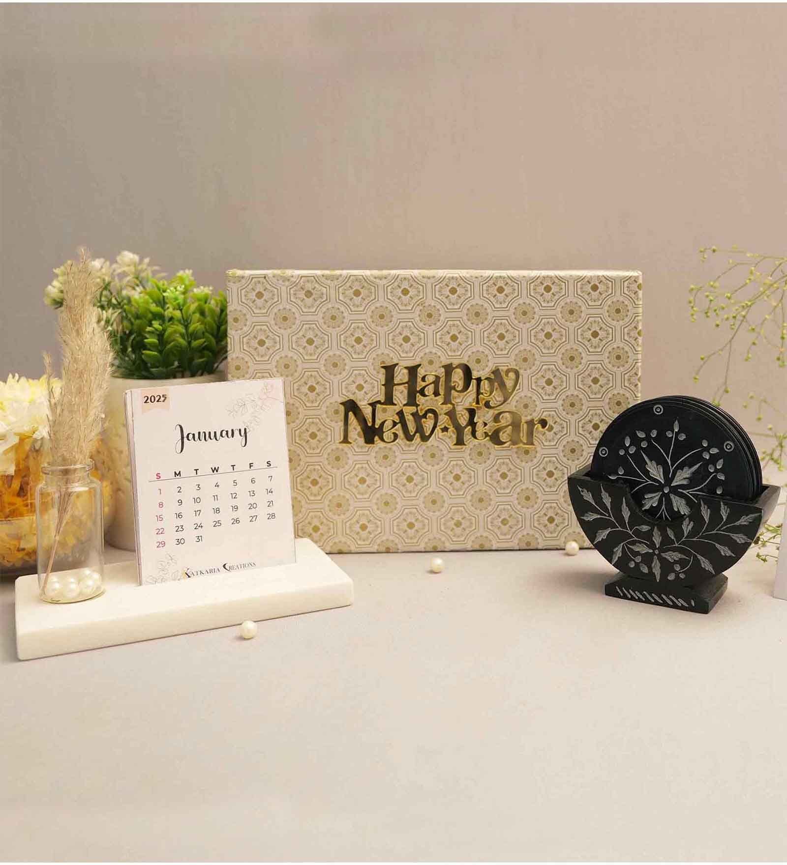 New Year Gift Hamper With 2025 Desk Calendar & Black Floral Coasters Set
