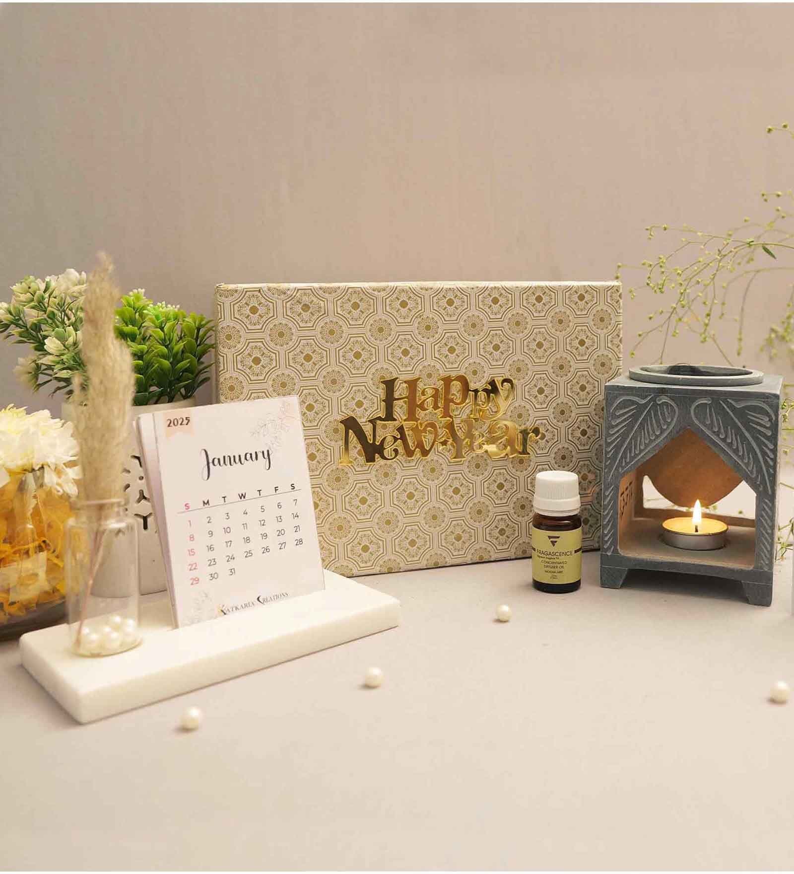 New Year Gift Hamper With 2025 Desk Calendar & Buddha Oil Diffuser