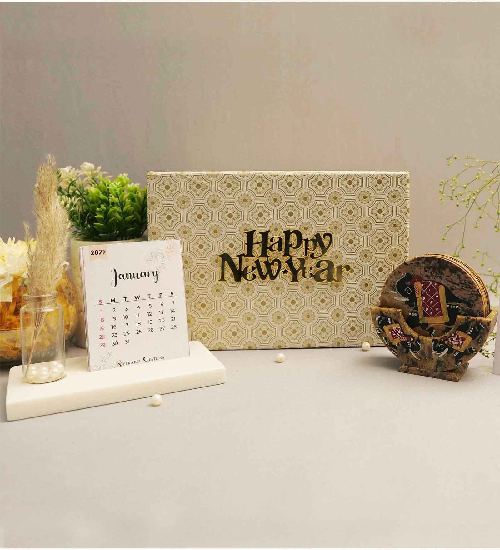 New Year Gift Hamper With 2025 Desk Calendar & Elephant Coasters Set