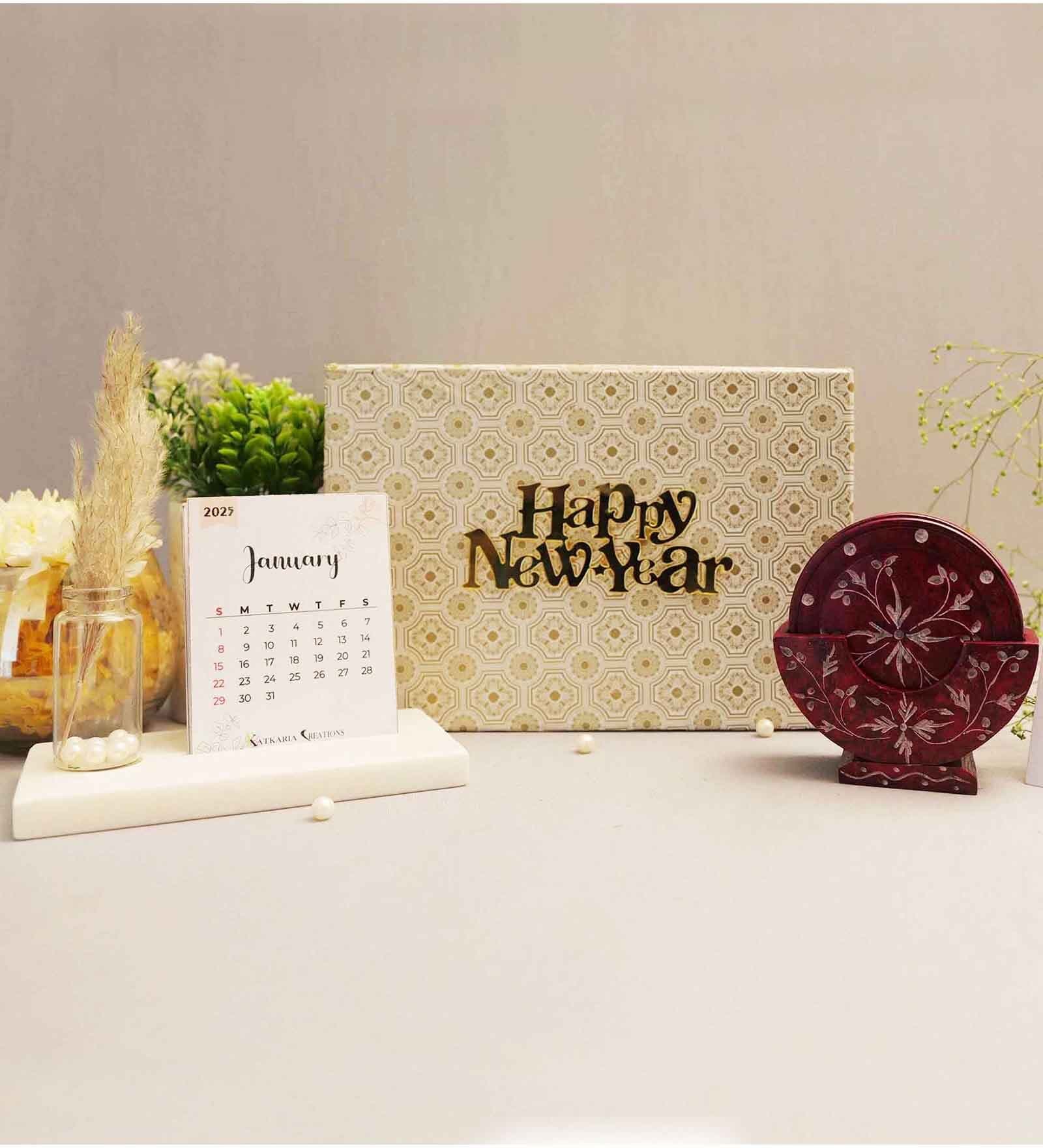 New Year Gift Hamper With 2025 Desk Calendar & Red Coasters Set