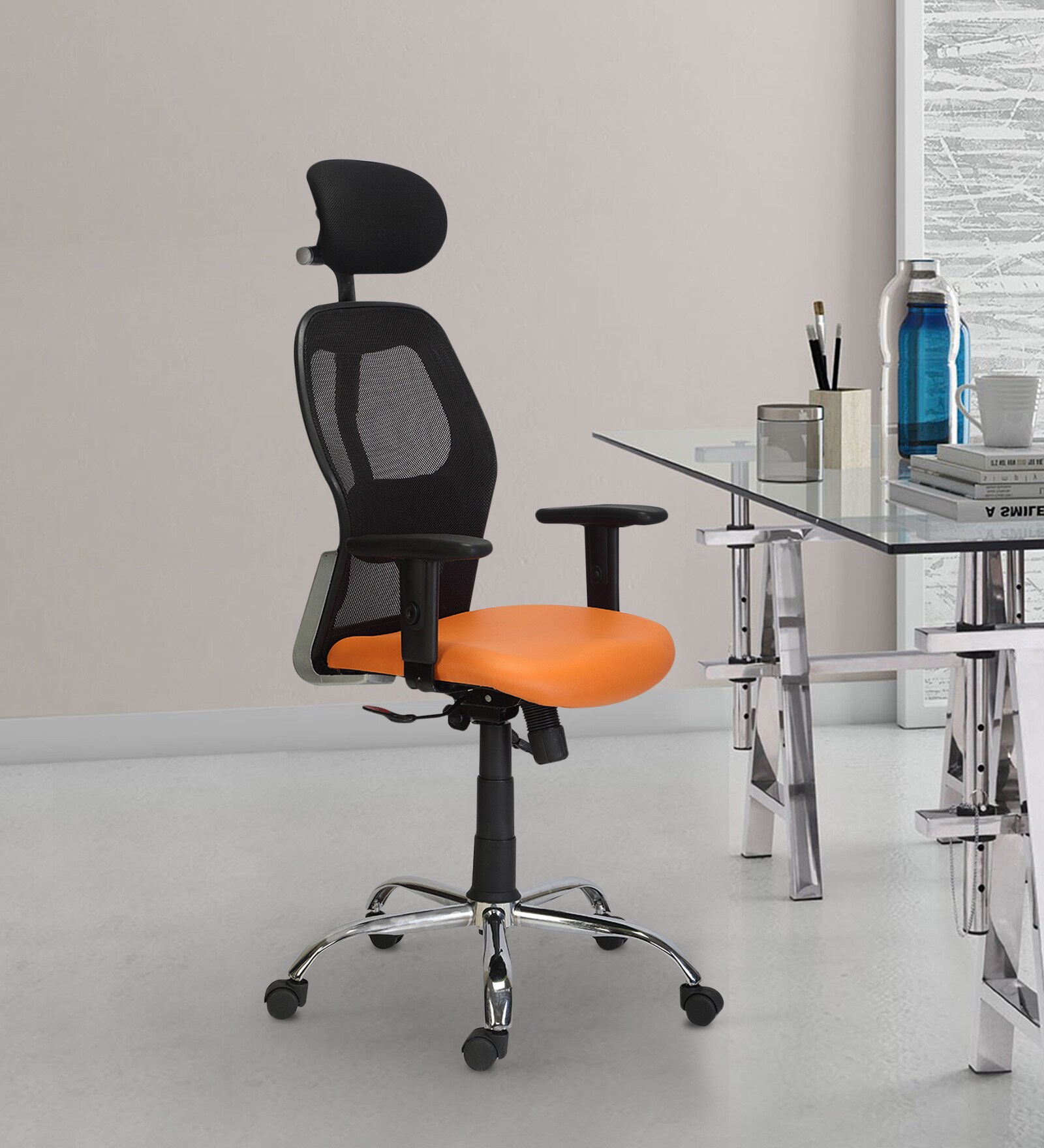 Buy New York High Back Ergonomic Chair with Headrest in Orange Colour