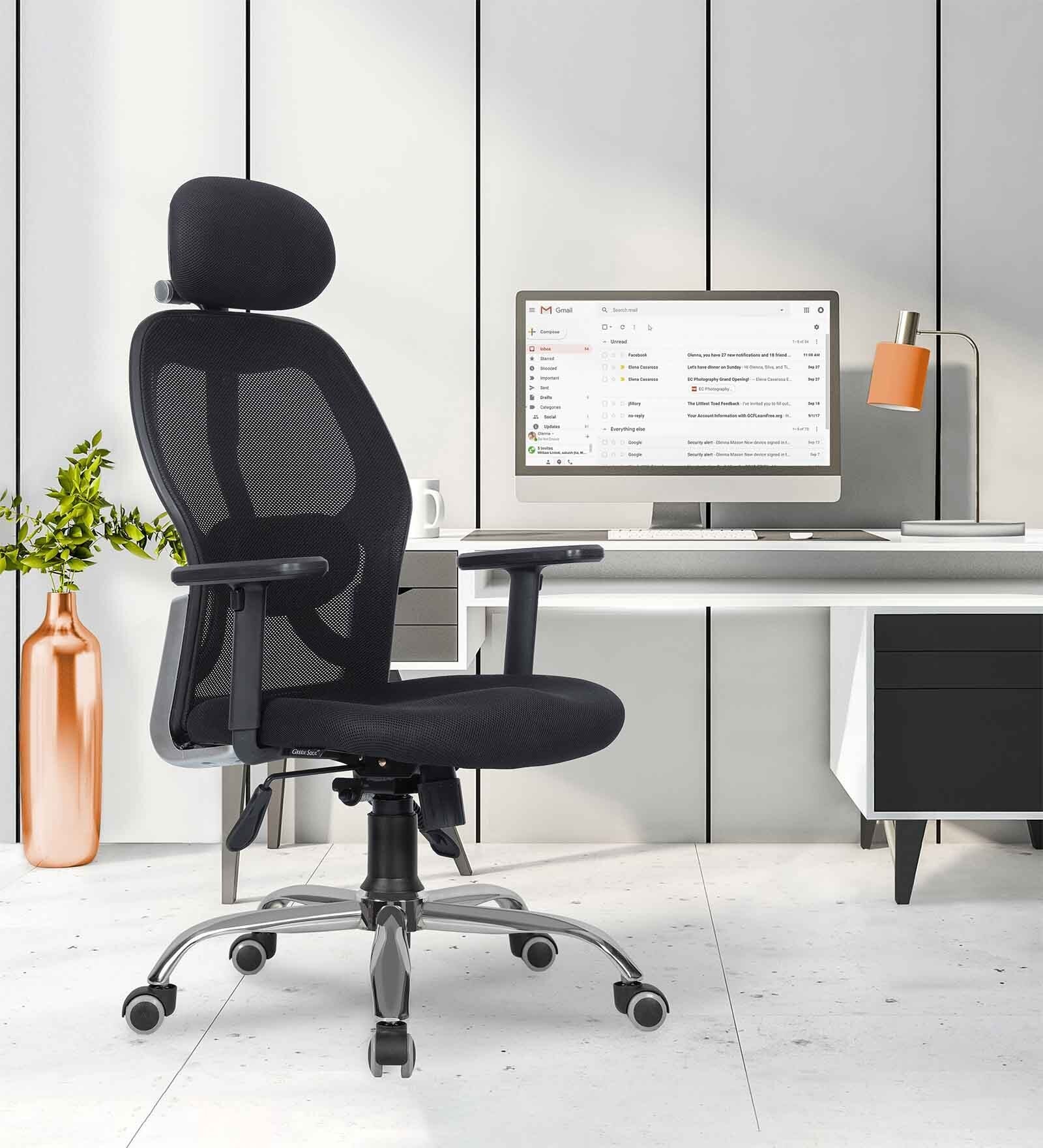 NewYork Breathable Mesh Ergonomic Chair in Black Colour with Headrest