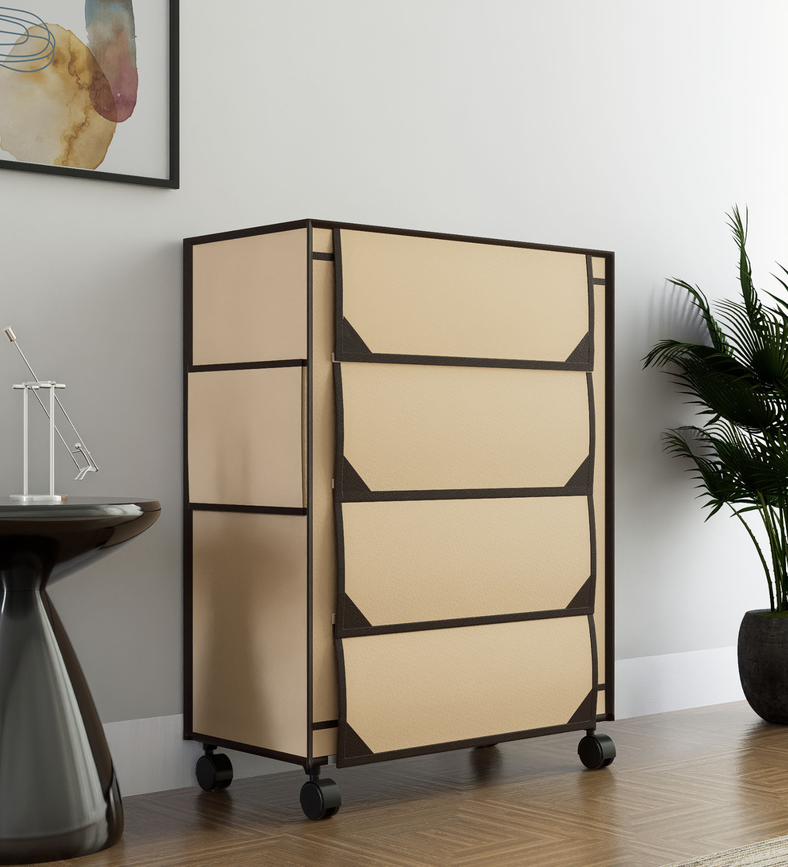 Nexa 4 Tier Shoe Rack With Wheels In Beige Finish