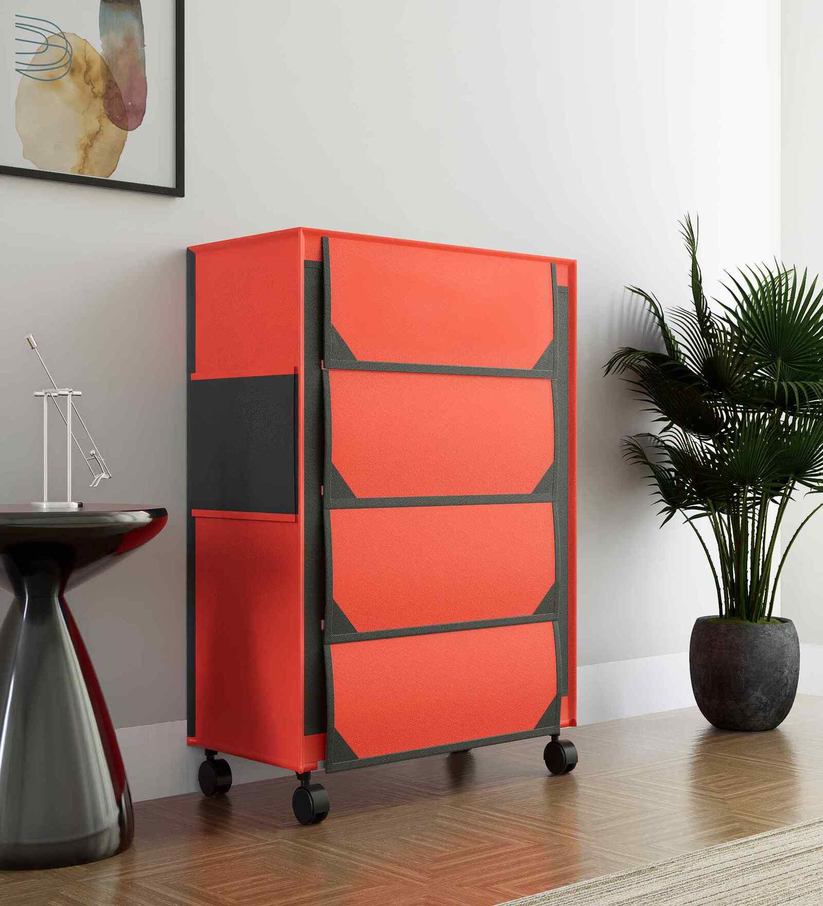 Nexa 4 Tier Shoe Rack With Wheels In Red & Black Finish