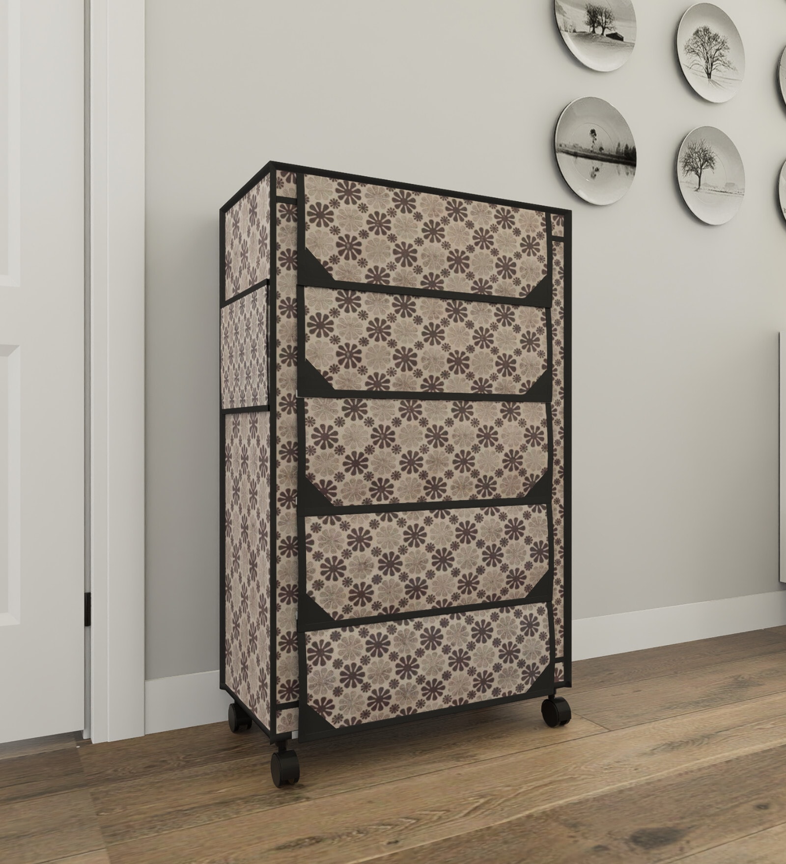 Nexa 5 Tier Shoe Rack With Wheels In Floral Print Finish