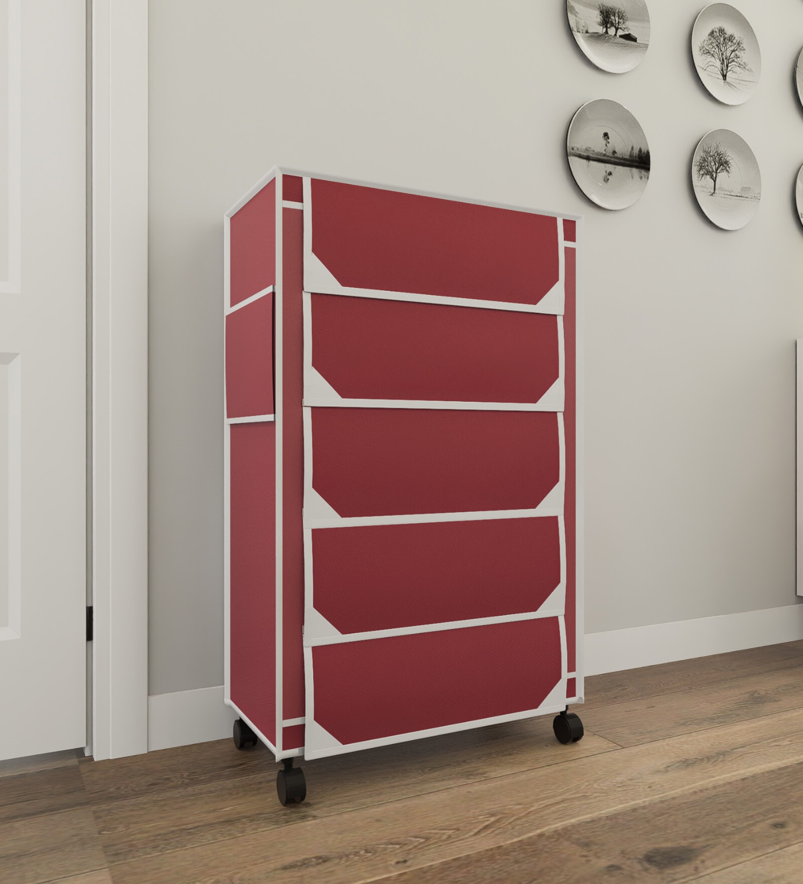Nexa 5 Tier Shoe Rack With Wheels In Maroon Finish