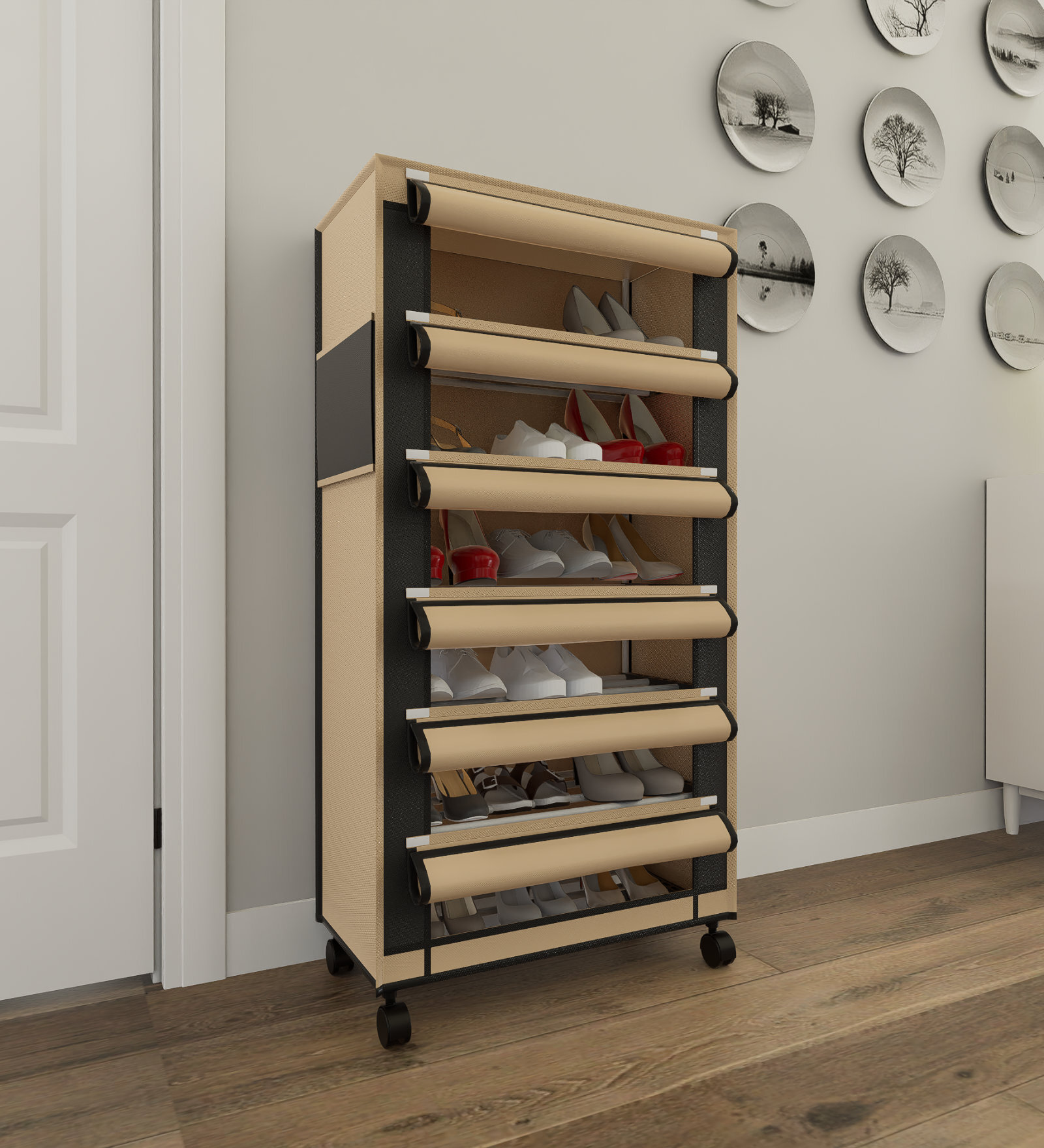 Nexa 6 Tier Shoe Rack With Wheels In Beige Finish