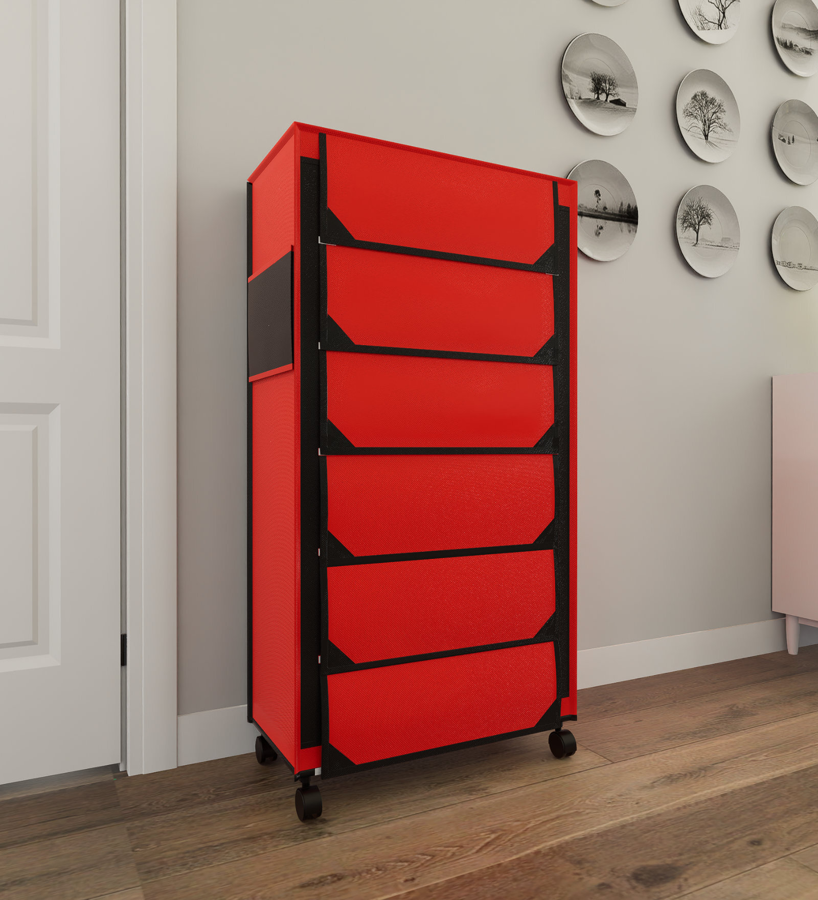 Nexa 6 Tier Shoe Rack With Wheels In Red & Black Finish