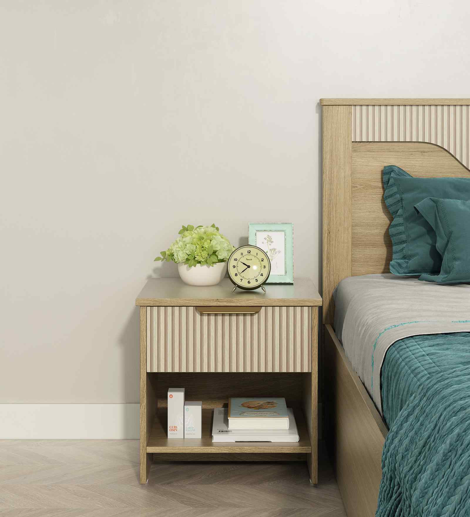 Nexo Bedside Table In Santana Oak & Bamboo Flute Finish