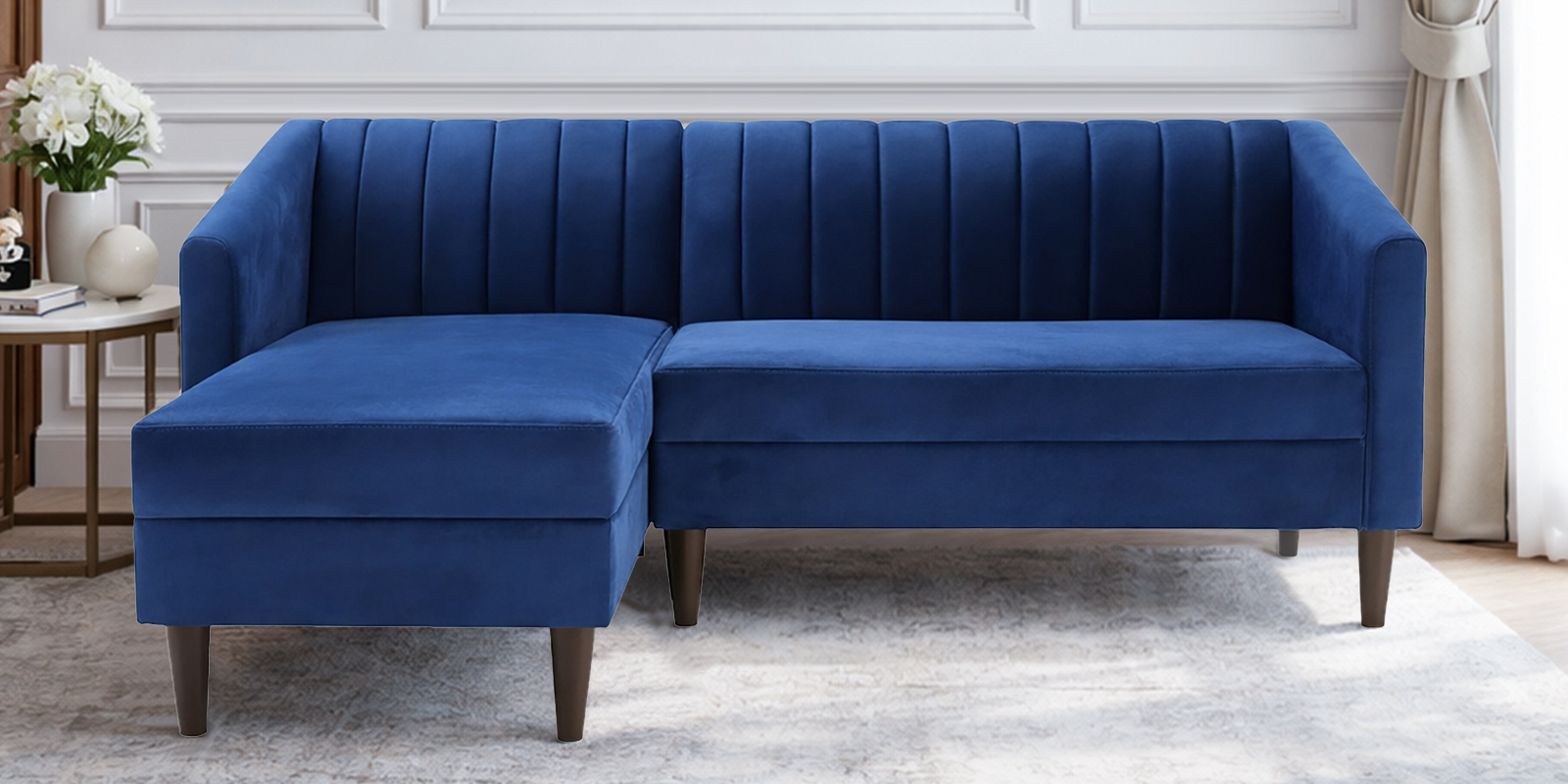 Nemo Velvet Fabric LHS L-Shaped 5 Seater Sofa In Blue Color