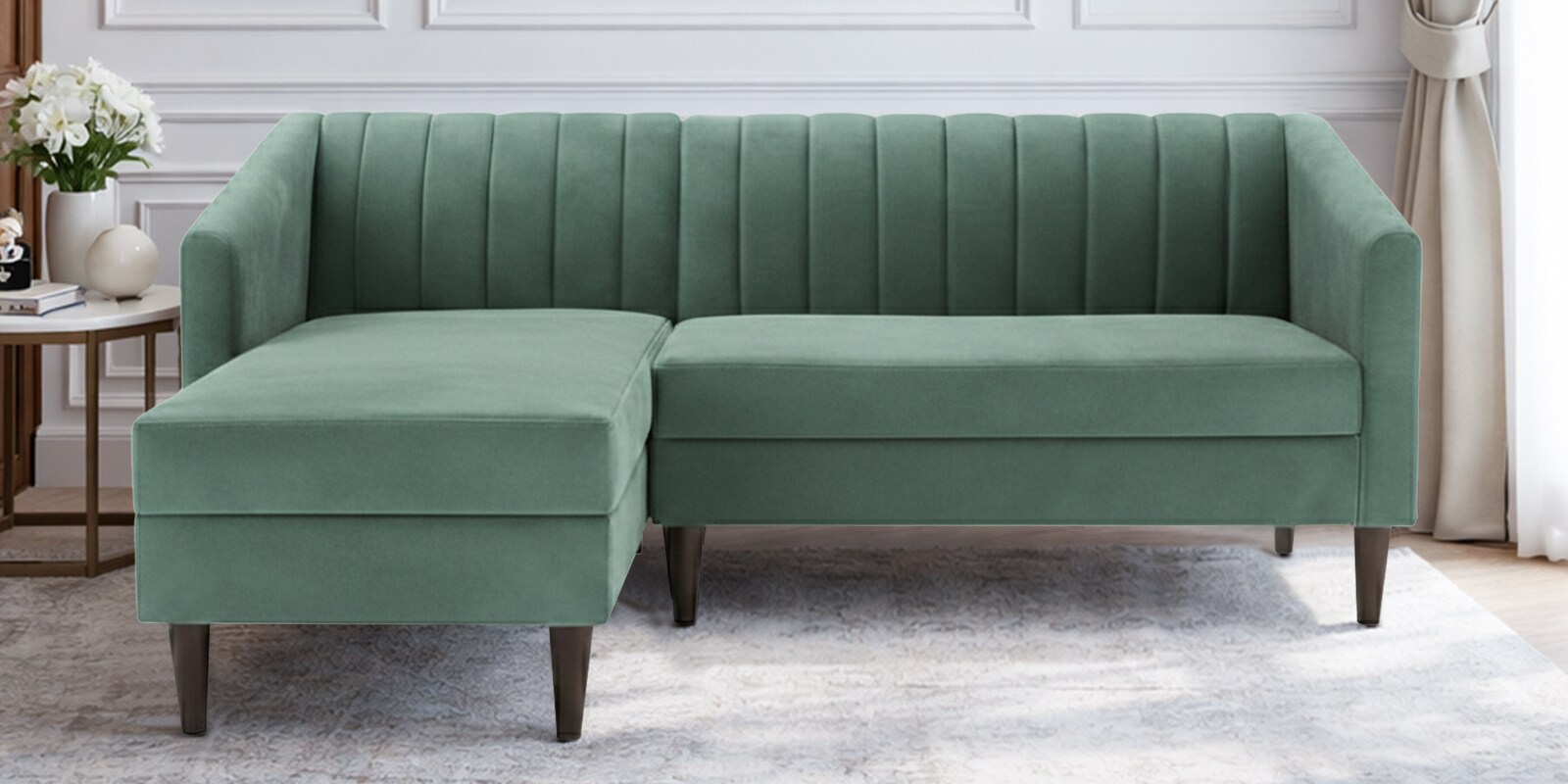 Nemo Velvet Fabric LHS L-Shaped 5 Seater Sofa In Sea Green Color