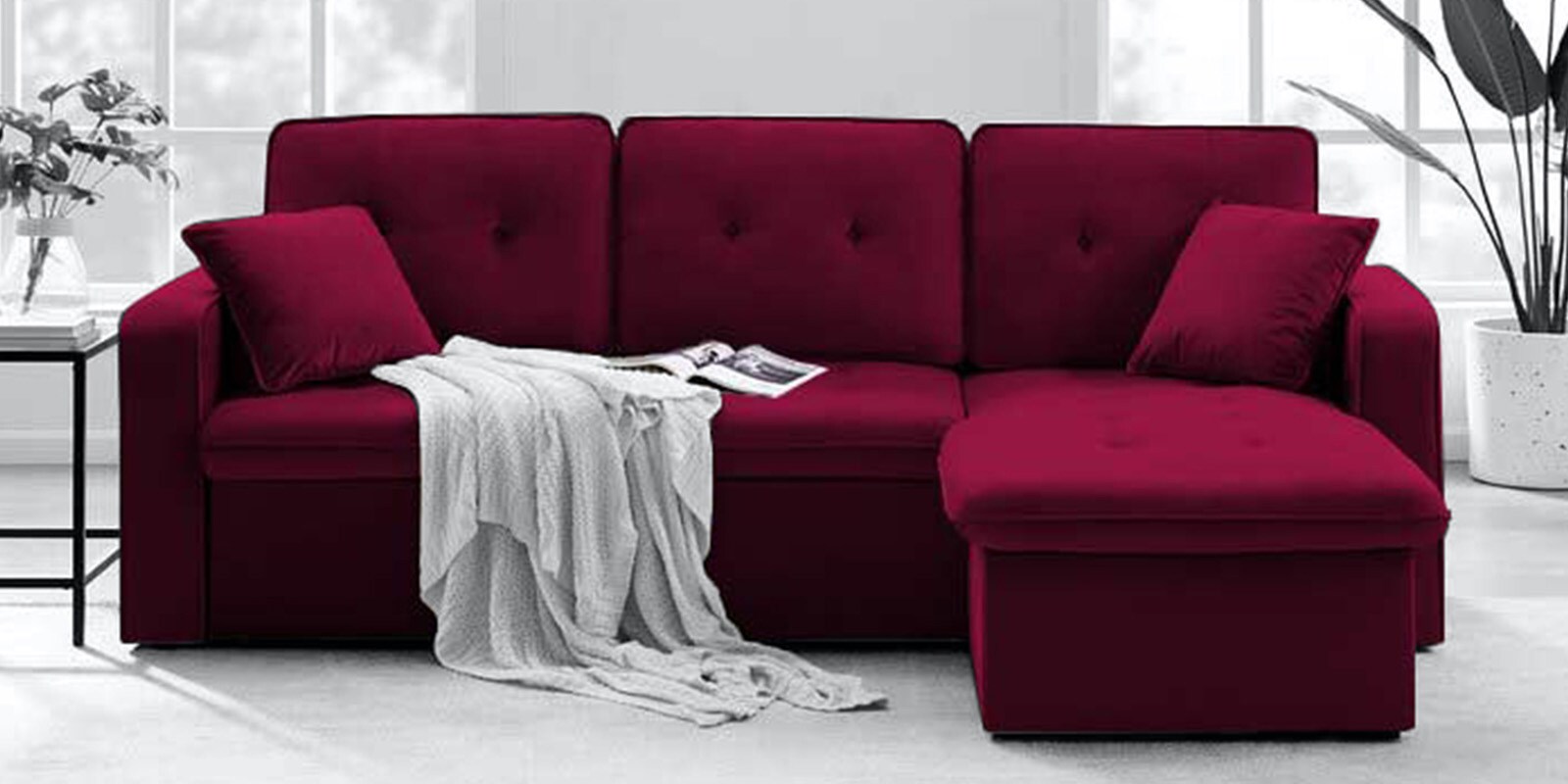 Buy Neptune Velvet LHS PullOut Sofa Cum Bed In Maroon Colour With