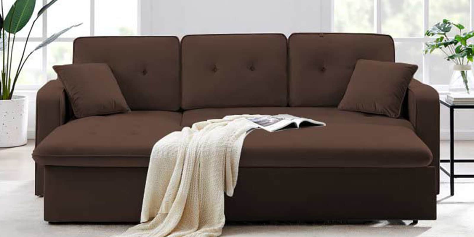 Buy Neptune Velvet RHS L Shape PullOut Sofa Cum Bed With Storage In