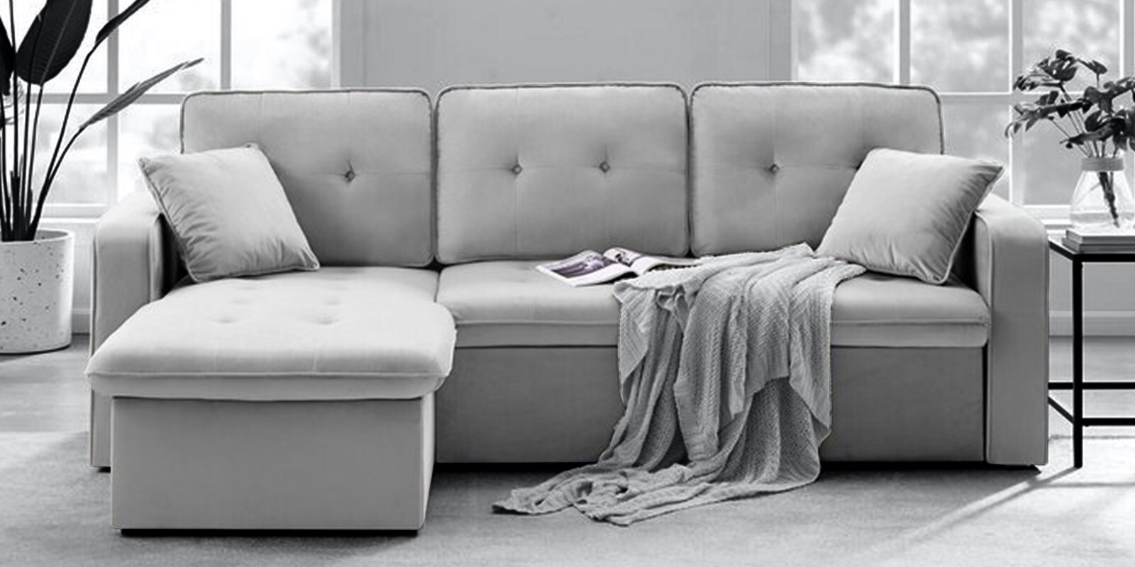 Buy Neptune Velvet RHS PullOut Sofa Cum Bed In Grey Colour With
