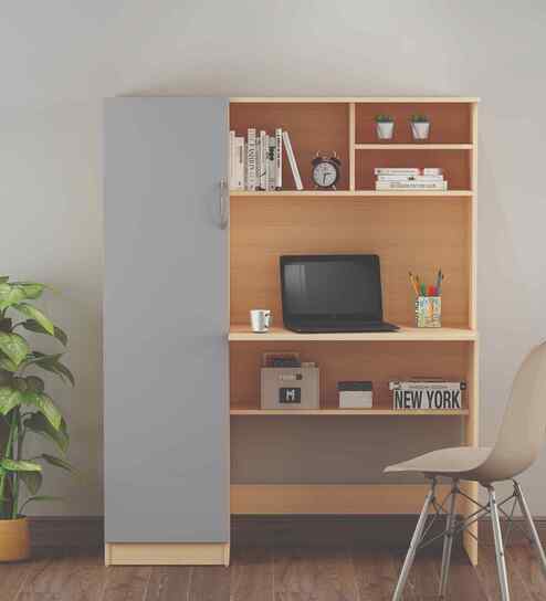 Nector Hutch Desk In Beige Teak and Gothic Grey Finish