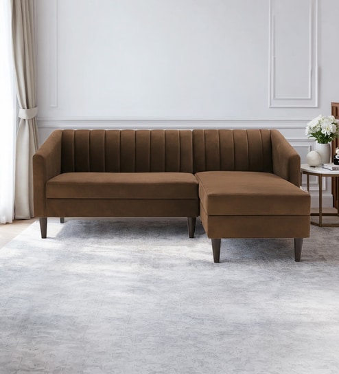 Nemo Velvet Fabric LHS 5 Seater Sofa In Brown Color
