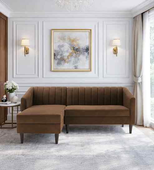 Nemo Velvet Fabric LHS L-Shaped 5 Seater Sofa In Brown Color