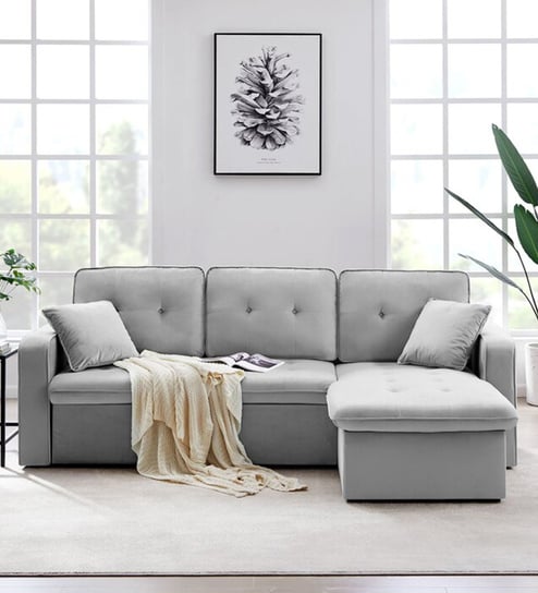 Neptune Velvet LHS Pull-Out Sofa Cum Bed In Grey Colour With Storage