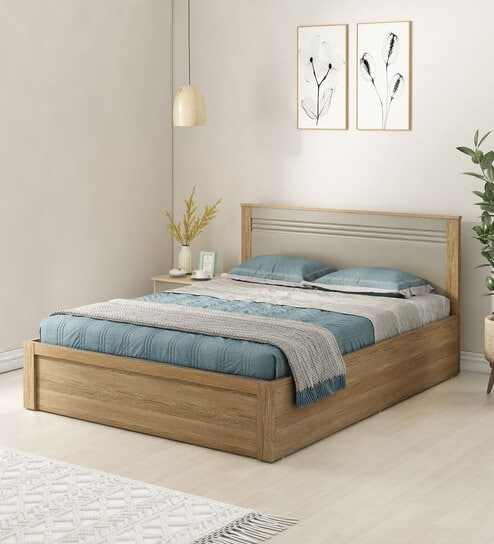 Nester Queen Sized Bed With Front Pull Out Storage In Sebastian Oak & Melamine Finish