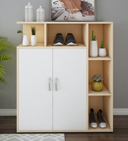 Nevera Shoe Cabinet In Beige Teak & Frosty White Finish