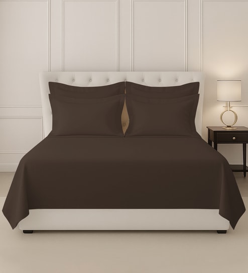New Dark Brown Solid 400 TC Cotton Super King Sized Bedsheet with 4 Pillow Covers