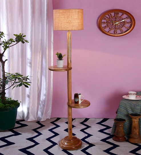 Felicity Beige Jute Shade Shelf Floor Lamp With Wood Base By New Era