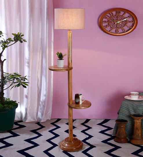 New Era  Grey Cotton Drum Shade Wood Natural Table Floor Lamp by New Era