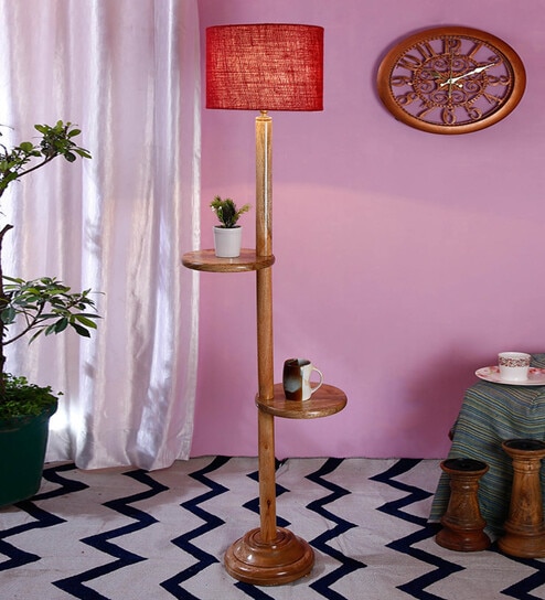 New Era  Maroon Jute Drum Shade Wood Natural Table Floor Lamp by New Era