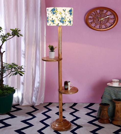 Daffodil Multicolour Cottan Fabric Shade Shelf Floor Lamp With Wood Base By New Era