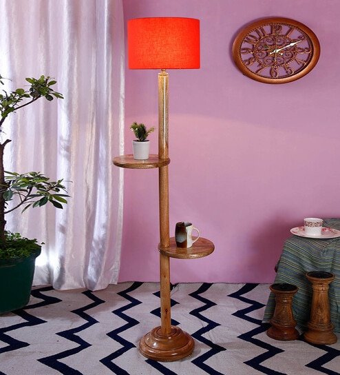 New Era  Orange  Cotton Drum Shade Wood Natural Table Floor Lamp by New Era