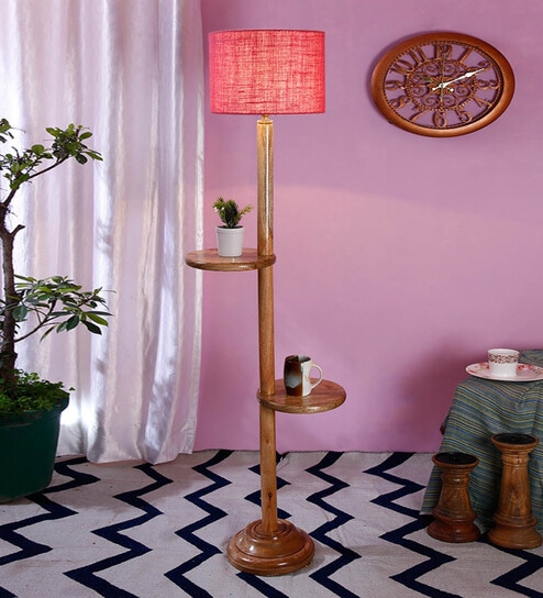 Raphael Pink Jute Shade Shelf Floor Lamp With Wood Base By New Era