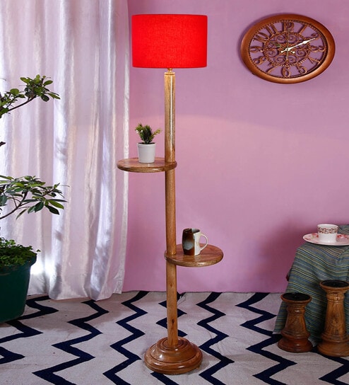 New Era  Red Cotton Drum Shade Wood Natural Table Floor Lamp by New Era