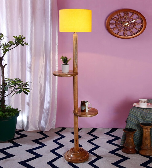 Malan Yellow Cottan Fabric Shade Shelf Floor Lamp With Wood Base By New Era