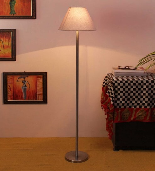 Grey Cottan Fabric Shade Club Floor Lamp With Steel Base